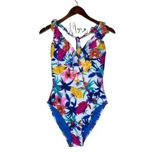 Bleu Rod Beattie Women's Floral Ruffle Halter Plunge One-Piece Swimsuit Size 10
